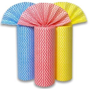 Blue, red, and yellow reusable kitchen cleaning rolls