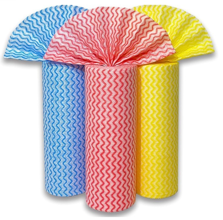 Blue, red, and yellow reusable kitchen cleaning rolls