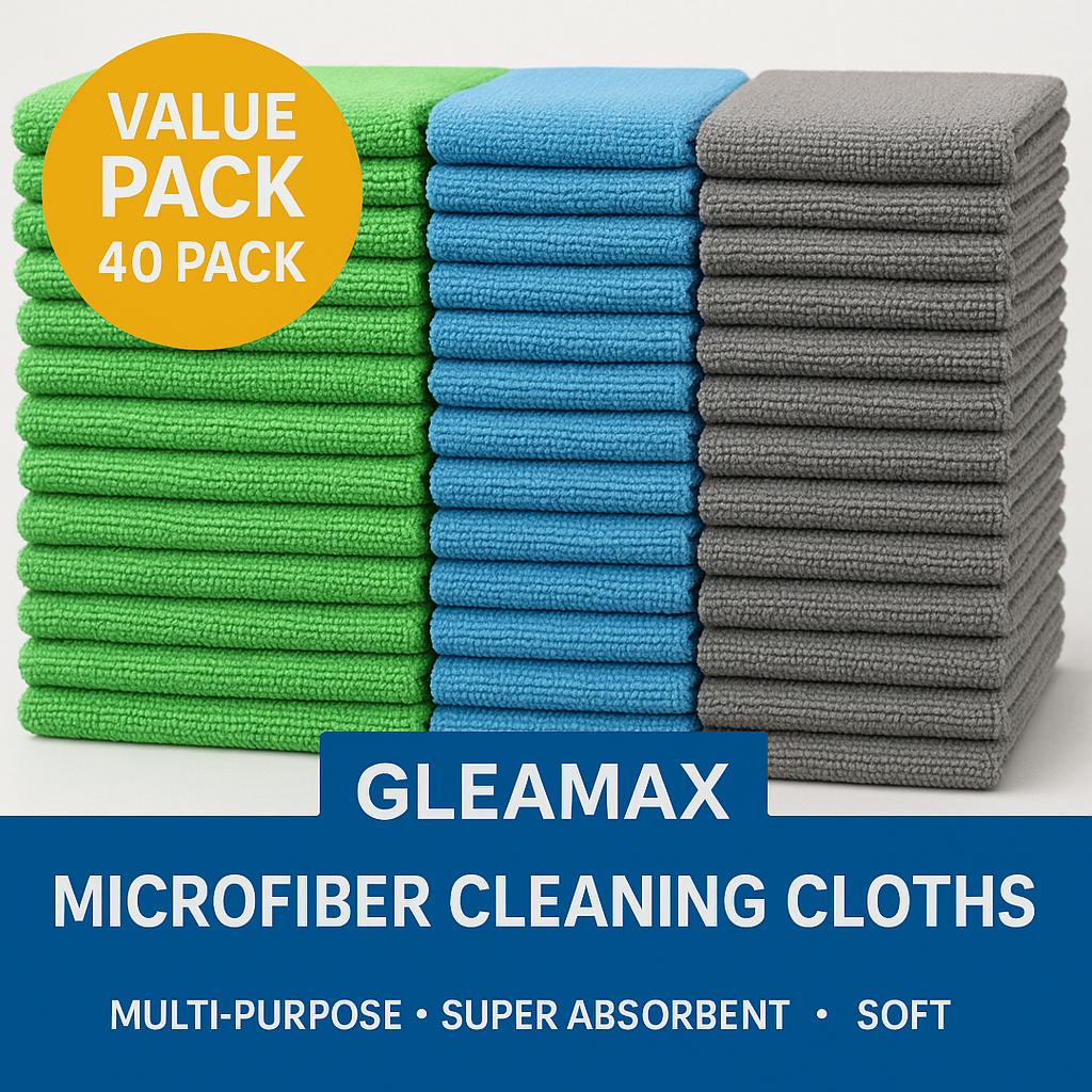 Stack of green, blue, and grey Gleamax microfiber towels (12x12 in / 30x30 cm) under spotlight, showing soft absorbent texture for cleaning surfaces.