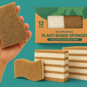 Hand holding Gleamax cellulose & coconut fiber sponge beside 12-pack eco box