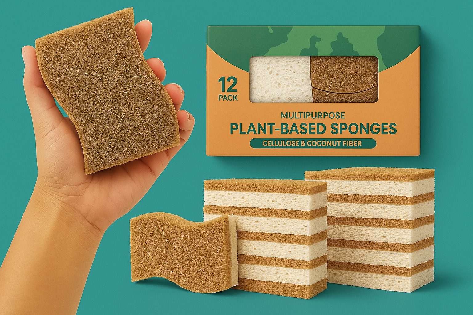 Hand holding Gleamax cellulose & coconut fiber sponge beside 12-pack eco box